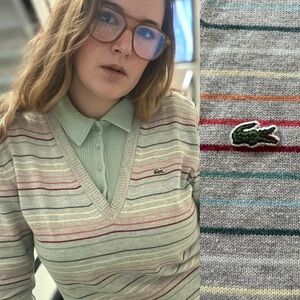 Lacoste Vintage Women’s Striped V-Neck Sweater -Rainbow on Grey with logo